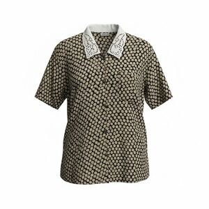 COSCO Womens Black Beige‎ Patterned Button Up Shirt with White Crochet Collar